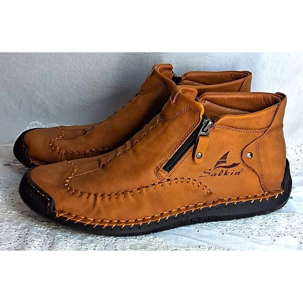 Salkin Mens 13 Eur 47 Brown Leather Ankle Boots Side Zip Rubber Sole Moccasin